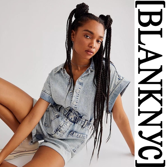 Blank NYC Pants - BLANK NYC - Time Zone Acid Wash Denim Short Sleeve Romper - XSmall